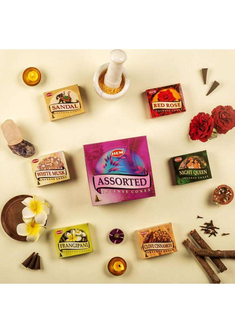Hem Precious 6 Variant Assorted Incense Dhoop Cones Chandan Patchouli Rose Jasmine Musk Lavender (Pack Of 6) - Indya
