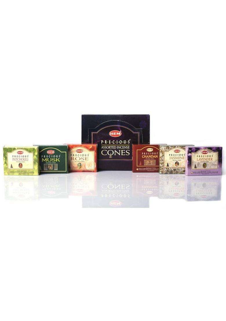 Hem Precious 6 Variant Assorted Incense Dhoop Cones Chandan Patchouli Rose Jasmine Musk Lavender (Pack Of 6) - Indya