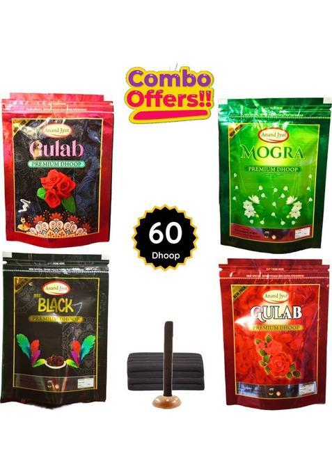 Gaumayam 60 Dhoop Bati 4 In 1 Anandjyot Zipper Pack Black Cow Dung Incense Sticks Rose Jasmine Guggul Frankincense