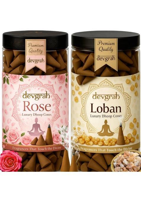 Devgrah Rose & Loban Dhoop Cone(100G Each) Charcoal-Free Handmade Incense Cone - Rose Sandal (Pack Of 2)