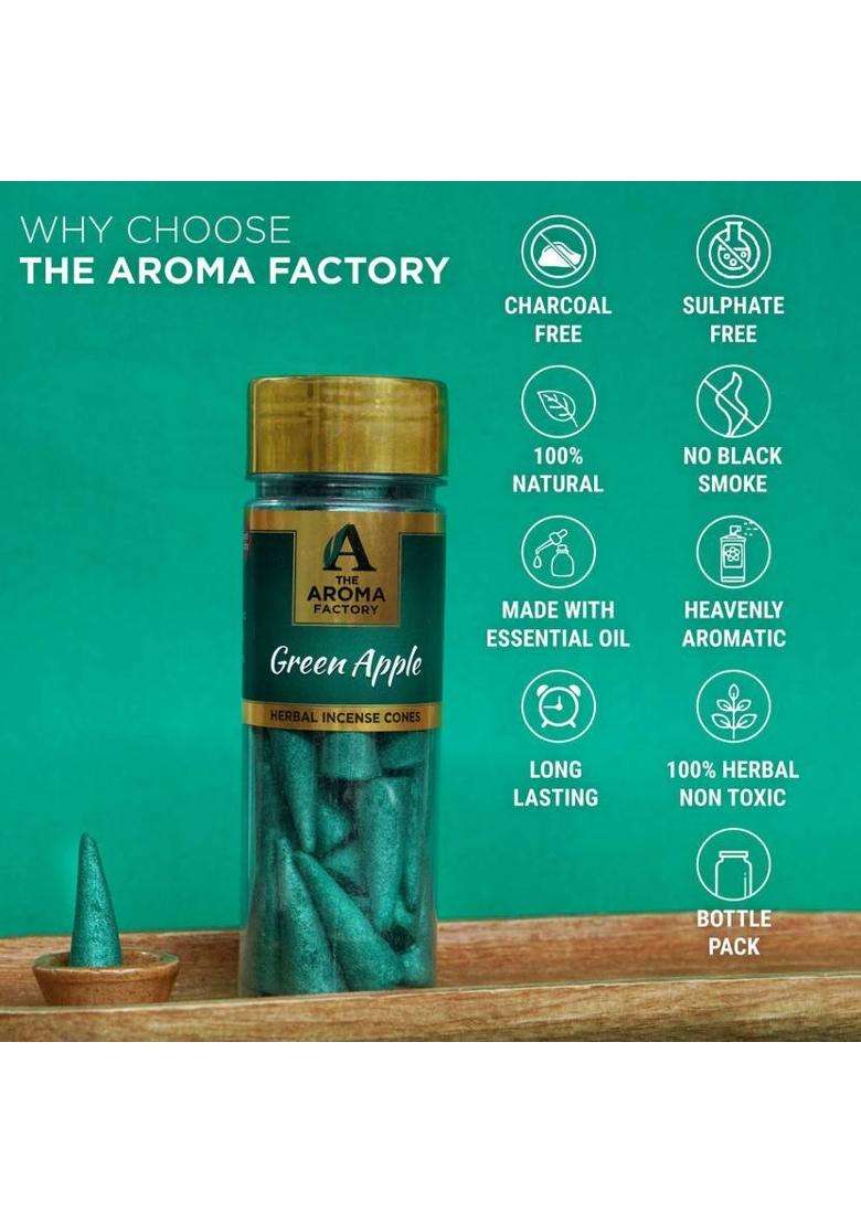 The Aroma Factory Incense Dhoop Cone For Pooja Green Apple 2 Bottles X 30 Cones Sandal (Pack Of 2) - Indya