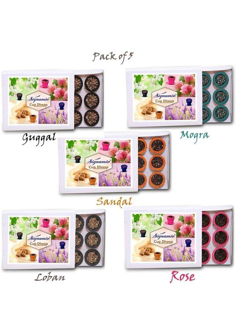 Signamio Cup Dhoop With Burner Plate For Pooja Meditation And Spiritual Events Of Multi-Flavor Combo Sambrani Rose Sandal (Chandan) Mogra Loban Guggal - Pack 60 Guggul (Pack 60) - Indya