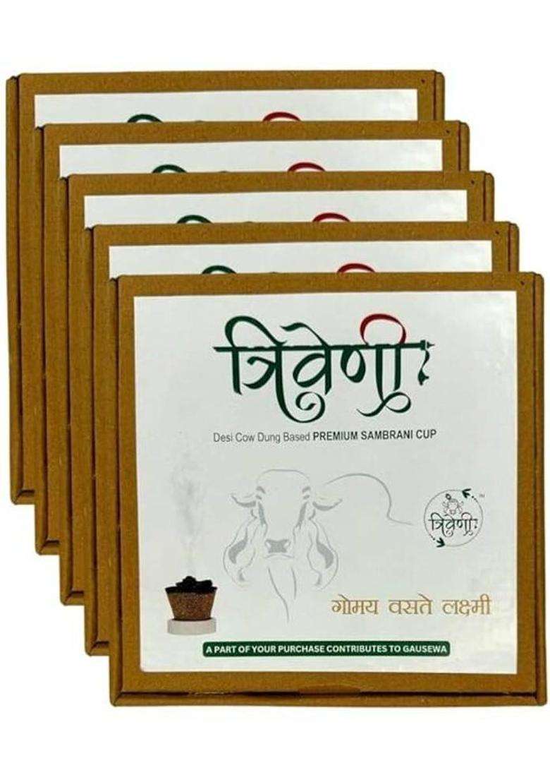 Triveni Gir Cow Dung Sambrani Dhoop Cups With Guggal & Loban For Pooja Havan (60 Cups) Guggul (Pack Of 5) - Indya