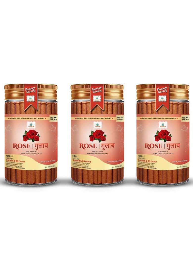 Godsun Premium Rose Dry Dhoop Sticks Jar (3 100)300Gm No Bamboo Charcoal (Pack Of 3) - Indya