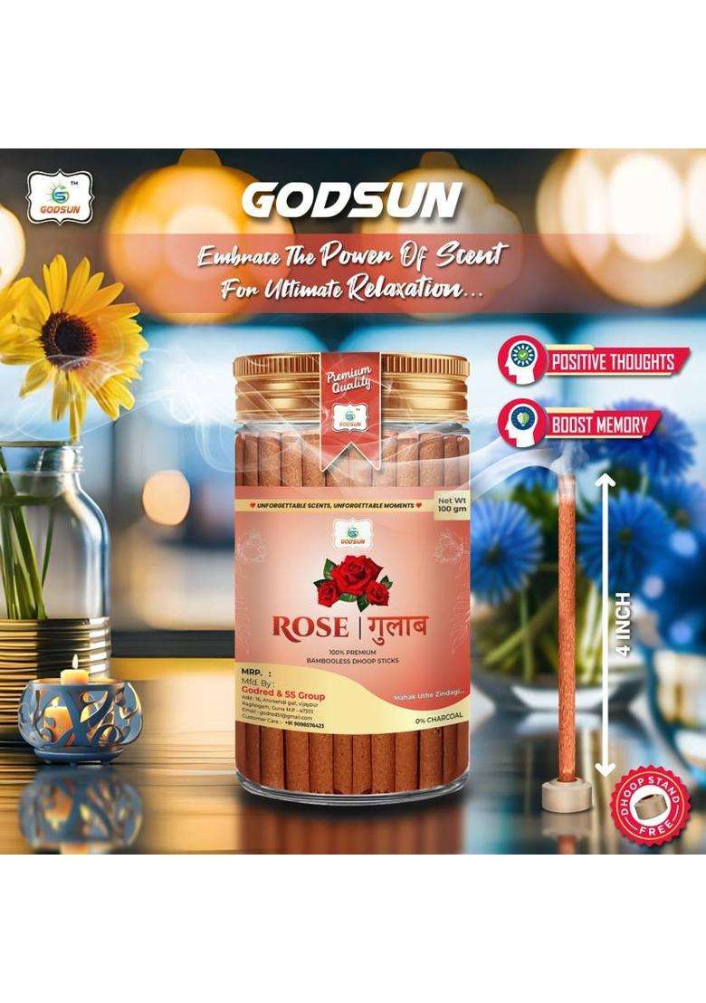Godsun Premium Rose Dry Dhoop Sticks Jar (3 100)300Gm No Bamboo Charcoal (Pack Of 3) - Indya