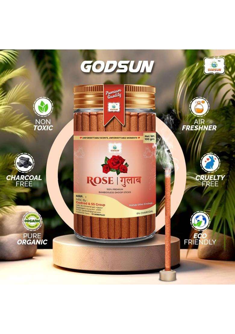 Godsun Premium Rose Dry Dhoop Sticks Jar (3 100)300Gm No Bamboo Charcoal (Pack Of 3) - Indya