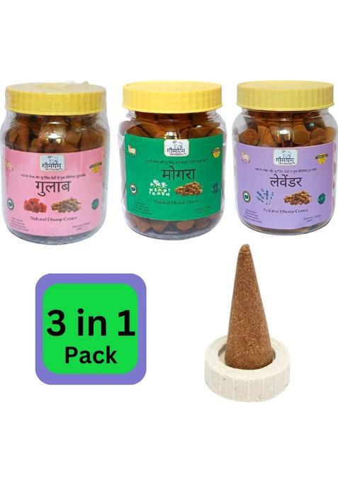 Gaumayam 3 In 1 Cow Dung Dhoop Cones For Pooja 600 Gm Cone Jar With Stand Incense Rose Jasmine Lavender (Pack Of 3)