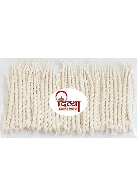 Divya Twisted Cotton Long Batti Handmade Pure Diya Size 8Cm Color White Wick (Pack Of 12)