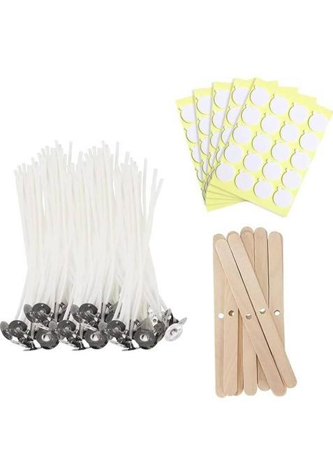 Symkard Candle Making Kit50 Waxed Cotton Wicks 3 Inch + 50 Wick Stickers 5 Woodenpcs