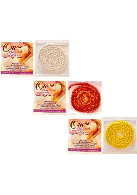 Om Phool Batti Cotton Wicks Akhand Jyot For Pooja Diya Puja Lambi 12 Pkt In Each Color - Red Yellow White Wick (Pack Of 36)