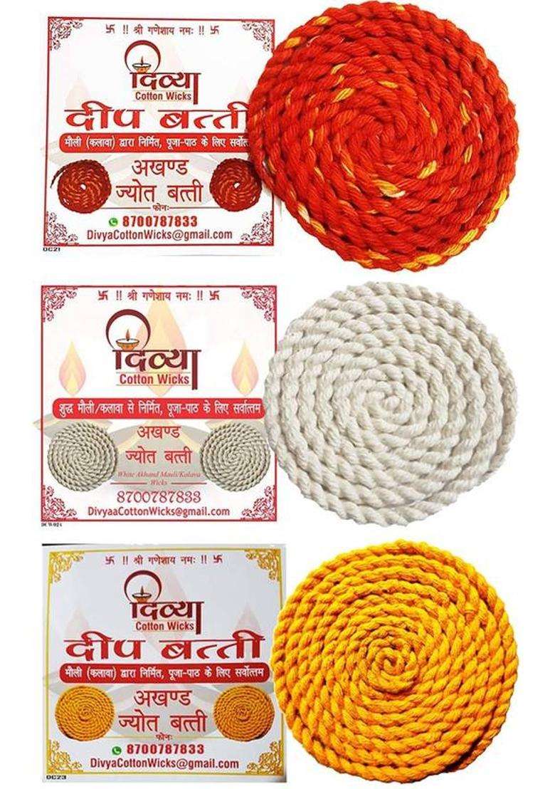 Divya Cotton Wicks Kalava Batti For Akhand Jyot Diya Puja Lambi Mauli Thread Combo Pack Of 12 4 Pcs Each Color Red Yellow And White Size 35 Inch Long Wick (Pack 12) - Indya