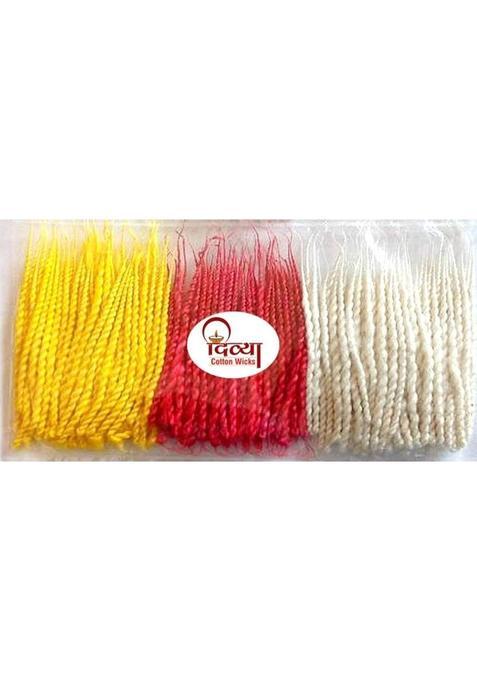 Divya Twisted Cotton Wicks || Handmade Long Batti Pure Diya Pack Of 12 Size 8 Cm Color Multicolor (Red, Yellow, White) Wick (Pack 12)