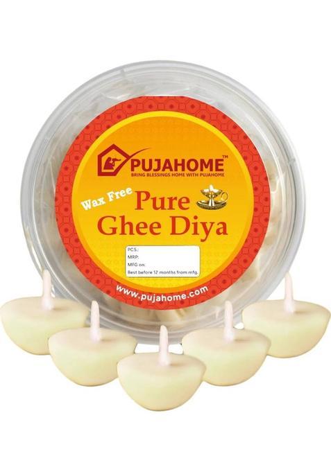 Pujahome Ghee Diya | 50 Easy-To-Use White Pure Battis 30 Min Burn Time Wax-Free Cotton Wick