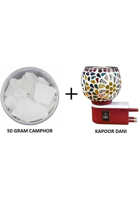 Rifof Grade A Quality Edible - Desi Camphor Bhim Isoborneol Flakes Pure (50 Gram) With Premium Kapoor Dani (Camphor Diffuser) G)