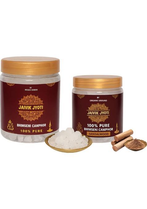 Jaivik Jyoti Bhimseni Camphor- 100% Pure- Combo Of Plain (100G) And Sandalwood (50G) (150 G)