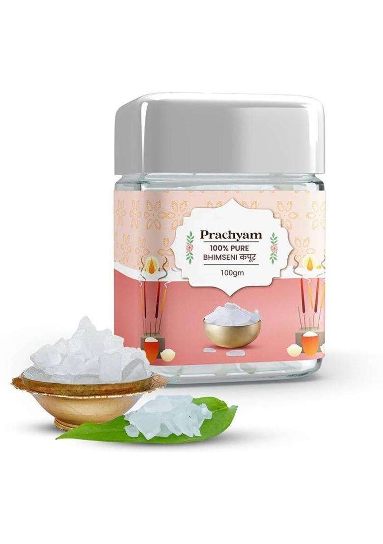 Prachyam Natural 100% Bhimseni Kapoor Camphor For Puja Meditation & Air Purifier (100 G) - Indya