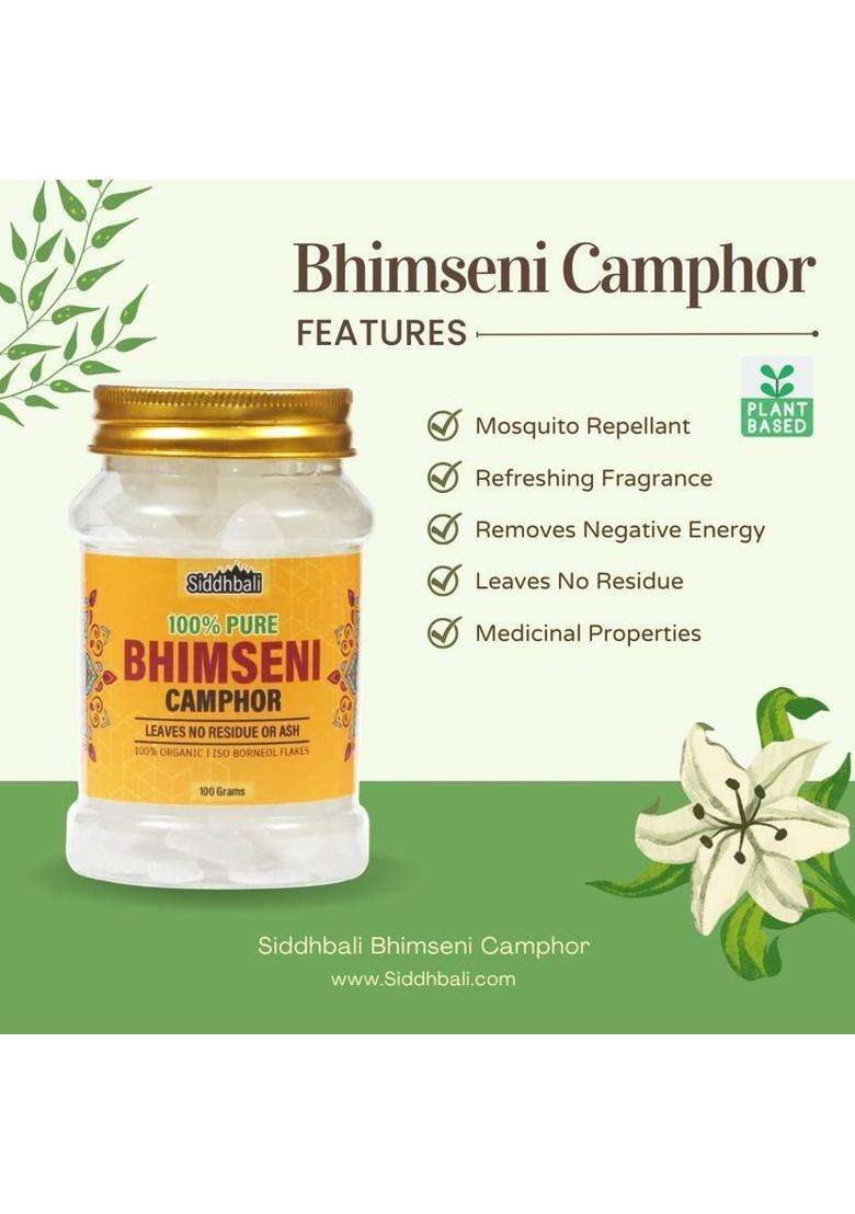 Siddhbali Pure And Original Bhimseni Camphor Kapoor Karpuram - 100 Gm Jar For Pooja (100 G) - Indya