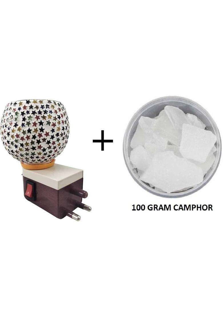 Rifof 100 Gram Camphor/ Kapoor With Electric Shock Proof Plug In Camphor Diffuser Incense Burner Holder Dani Bakhur Oodh Liquid Fragrance Aroma Oil Puja Cum Night Lamp Switch (Mix Colours And Design) (100 G) - Indya