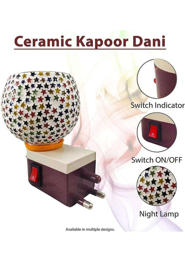 Rifof 100 Gram Camphor/ Kapoor With Electric Shock Proof Plug In Camphor Diffuser Incense Burner Holder Dani Bakhur Oodh Liquid Fragrance Aroma Oil Puja Cum Night Lamp Switch (Mix Colours And Design) (100 G) - Indya