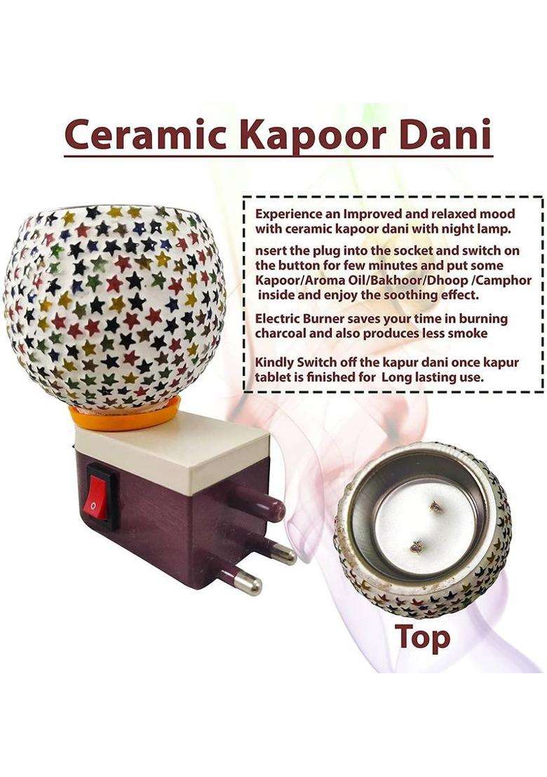 Rifof 100 Gram Camphor/ Kapoor With Electric Shock Proof Plug In Camphor Diffuser Incense Burner Holder Dani Bakhur Oodh Liquid Fragrance Aroma Oil Puja Cum Night Lamp Switch (Mix Colours And Design) (100 G) - Indya
