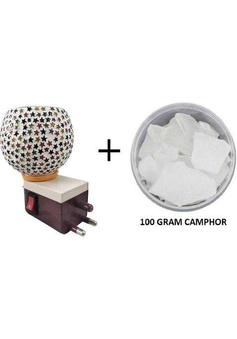 Rifof 100 Gram Camphor/ Kapoor With Electric Shock Proof Plug In Camphor Diffuser Incense Burner Holder Dani Bakhur Oodh Liquid Fragrance Aroma Oil Puja Cum Night Lamp Switch (Mix Colours And Design) (100 G)
