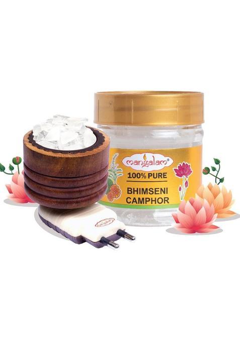 Mangalam Bhimseni Camphor 50G Jar + Kapoor Dani Wooden Incense Holder Set (Brown)