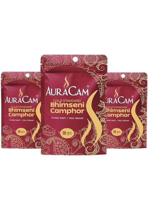 Auracam Pure Bhimseni Camphor Pouch For Pooja, Hawan|Aromatic Kapooram (Pack Of 3, 50 G) (50