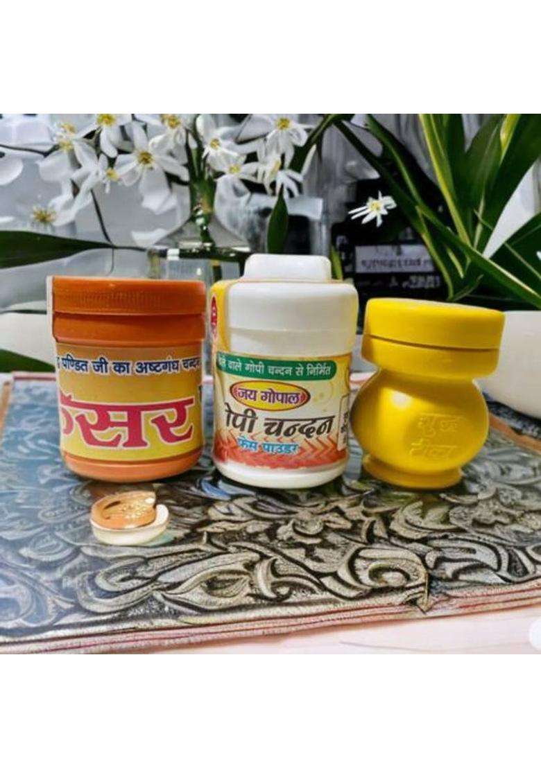 Anilstore Pack Of 3 Kesari & White Chandan Tilak With Yellow Liquid Tika Free - Indya