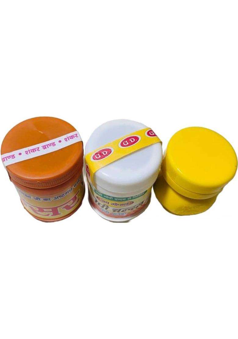 Anilstore Pack Of 3 Kesari & White Chandan Tilak With Yellow Liquid Tika Free - Indya