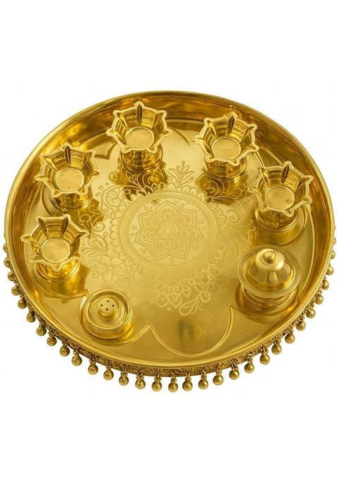 Goldfinch Pooja Aarti Thali Set With 5 Pcs Diva 1 Pc Incense Holder And Kumkum Wati Brass (1 Pieces Gold)