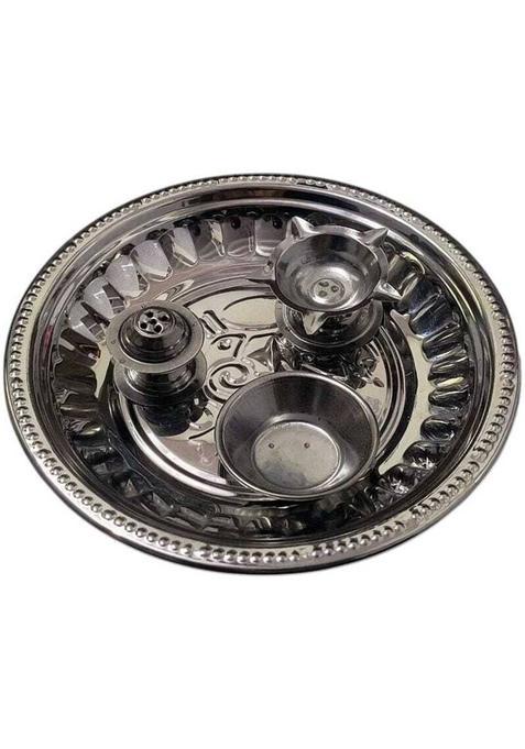Aura Pooja Spiritual Grace One-Piece Puja Thali With Complete Accessories For Daily Worship Stainless Steel (1 Pieces, Silver)