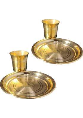 Divine Bazaar Brass Puja Thali/Pure Pooja Plate 2 Thali Set With Glass (4 Pieces Gold)