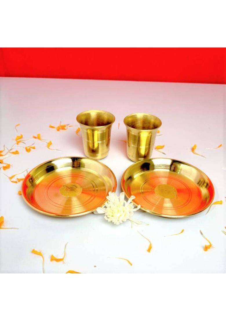 Divine Bazaar Brass Puja Thali/Pure Pooja Plate 2 Thali Set With Glass (4 Pieces Gold) - Indya