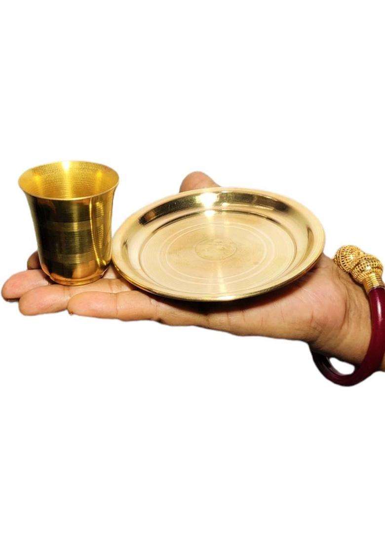 Divine Bazaar Brass Puja Thali/Pure Pooja Plate 2 Thali Set With Glass (4 Pieces Gold) - Indya