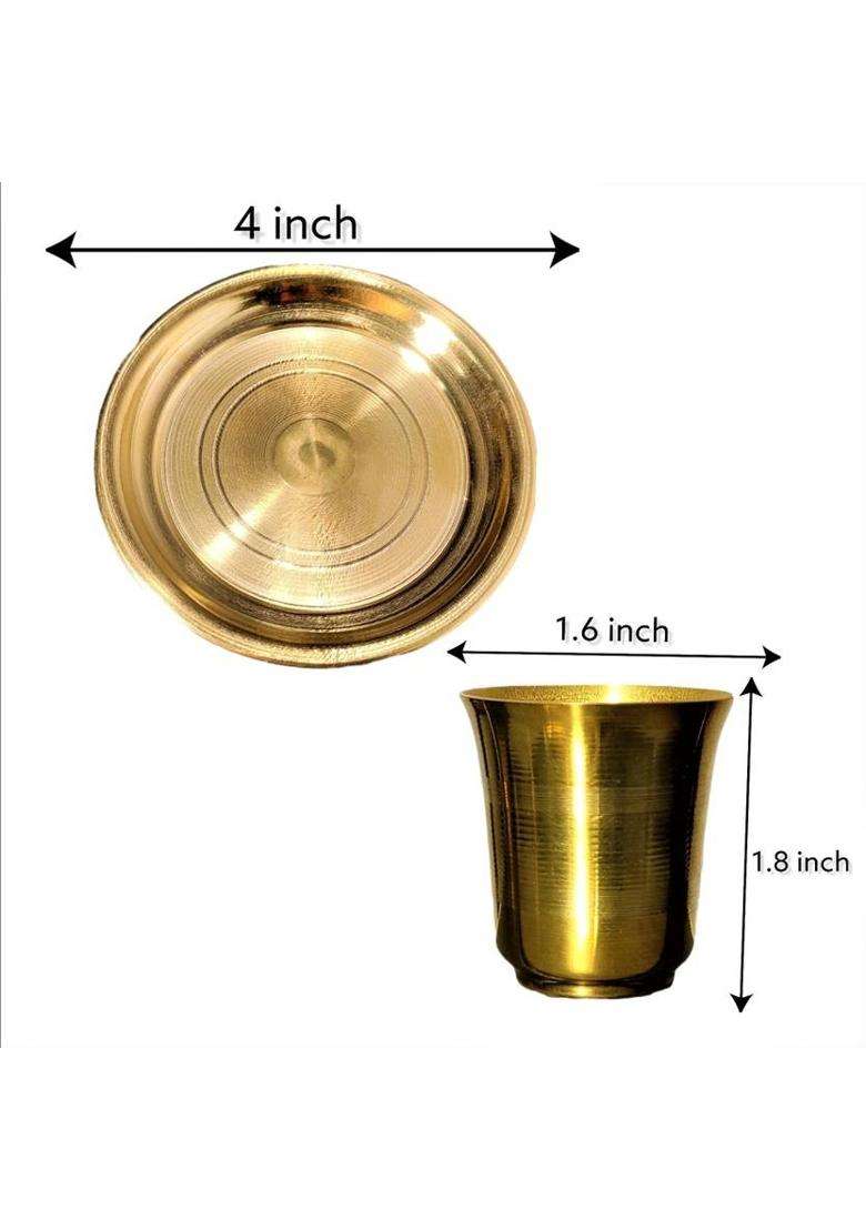 Divine Bazaar Brass Puja Thali/Pure Pooja Plate 2 Thali Set With Glass (4 Pieces Gold) - Indya