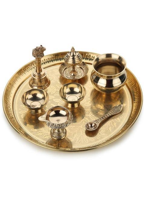 Torppeza Brass Pooja Plate Set (1 Pieces, Gold)