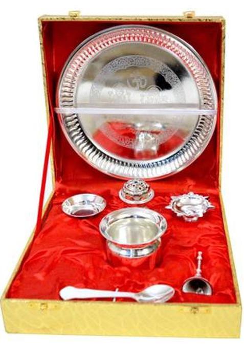 Me&You Silver Plated Decorative Ganesh Laxmi Embossed Puja Thali For Diwali Poojan Dhanteras Hawan Puja Pujan Navrata Durga Pujan (1 Pieces Silver)