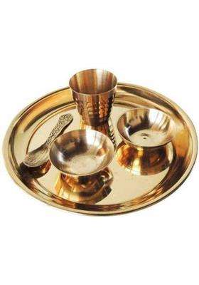 Aanu Brass Pooja Thali Bhog Set Of 5 Pcs Plate For Temple And Home Decorative Diwali Gift Items Golden Pack 1 (5 Pieces Gold)