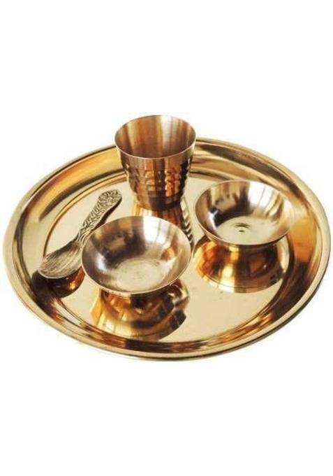 Aanu Brass Pooja Thali Bhog Set Of 5 Pcs, Plate For Temple And Home Decorative Diwali Gift Items, Golden Pack 1 (5 Pieces, Gold)