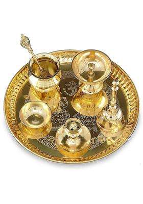 Bengalen Brass Pooja Thali Set 8 Inch With Piyali Diya Home Mandir Gift Items (7 Pieces Gold)