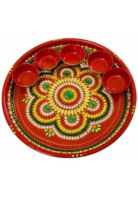 Avanti Creation Red Designer Stainless Steel Puja Thali Set With 5 Kumkum Holder Cum Diya For Temple And Home| Decorative Rakhi Thali|Tilak (Multicolor)