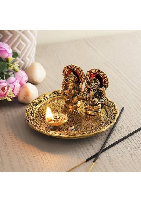 Chhariya Crafts Metal Laxmi Ganesh Pooja Thali With Diya Deepak Aluminium (1 Pieces, Gold)