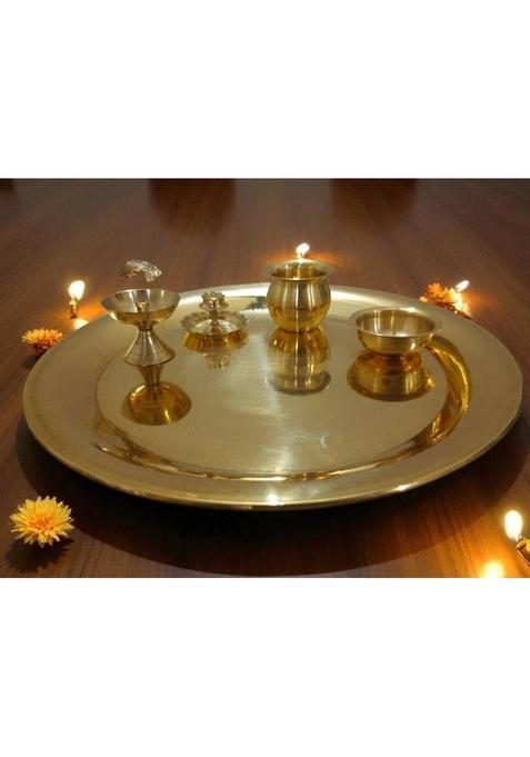 Made And Rooted Brass Pooja Thali Set (5 Items) Pieces, Gold)