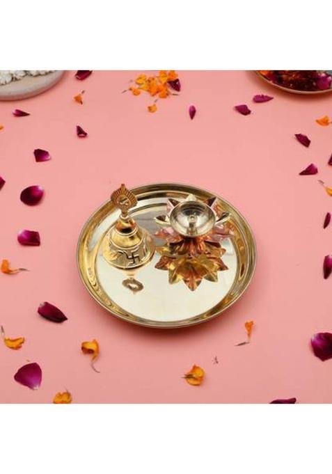 Shri Anand Handcrafted 100% Brass Pooja Thali Plate Set With Bell & Lotus Diya (1 Pieces, Gold)