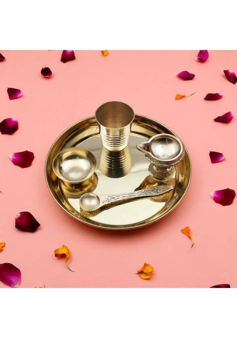 Flipkart Smartbuy Handcrafted 100% Brass Pooja Thali | Plate Set With Diya For Home And Office (1 Pieces, Gold)