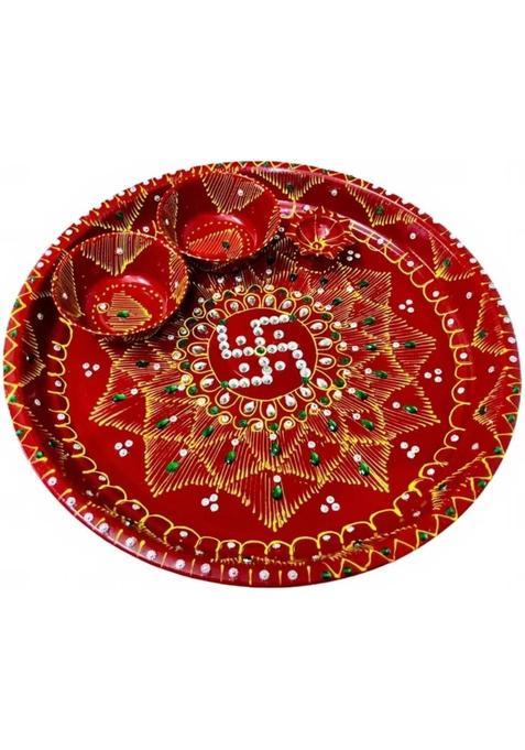 Free Ways Handcrafted Traditional Pooja Thali Set Stainless Steel (4 Pieces Red)