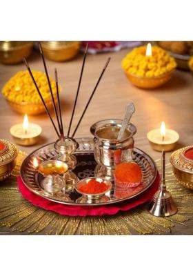 Craft Collective Premium Silver Plated Pooja Thali Set For Home Temple With Royal Velvet Box Stainless Steel (1 Pieces Silver)