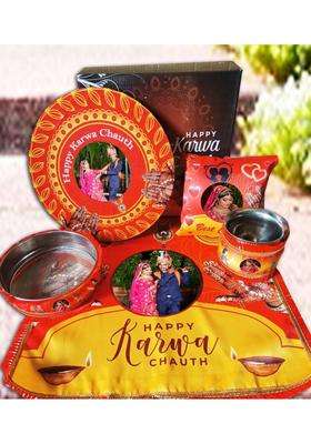 Rudram Arts Customized Karwa Chauth Pooja Thali 5 Pieces Set Personalized Photo Steel (1 Pieces Multicolor)