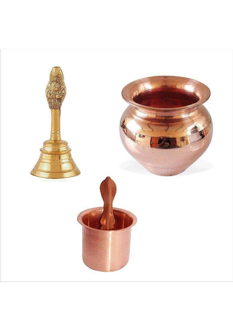 Siyaa - Traditional Handcrafted Brass Pooja Thali/Aarti Bartan Plate Set Of 3 Pcs Brass Copper (1 Pieces Gold) - Indya