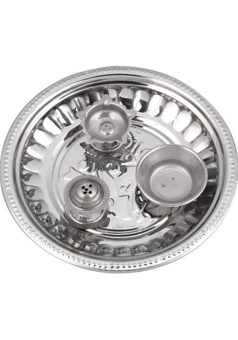 A1 Essancial Pooja Bhog Thali Set For Home Temple And Decor Silver 12 Cm Diameter Steel (White)